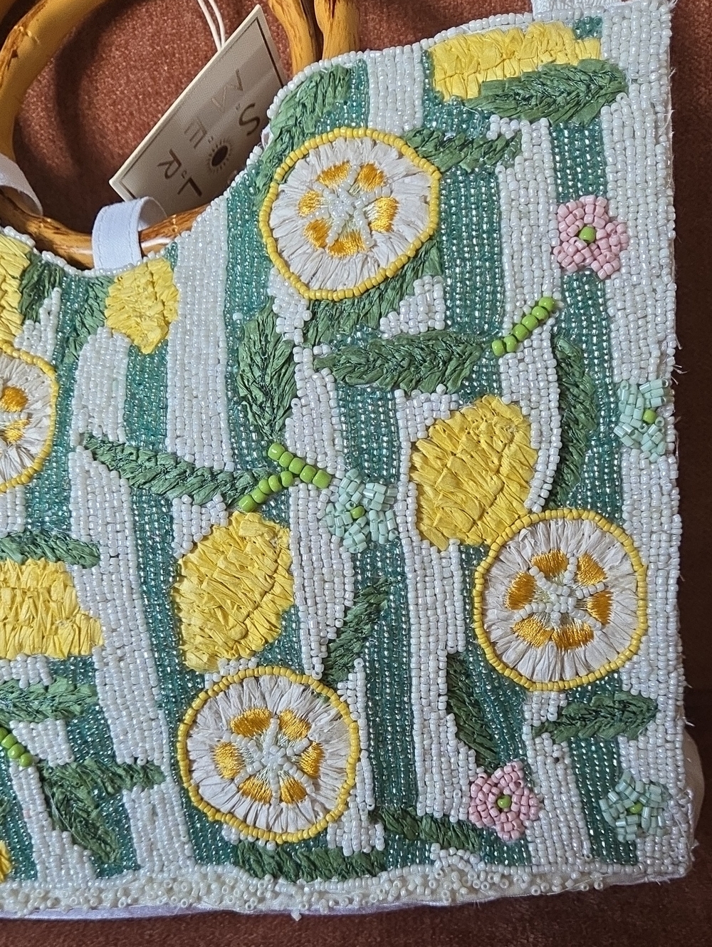Womens SOL and MER Beaded Summer Satin Purse Tote Bag Lemons Wood Handles NWT - Picture 8 of 9